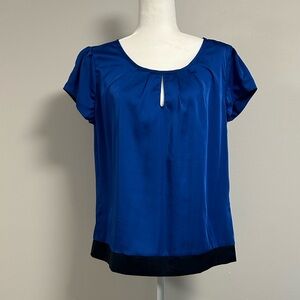 NWT New York & Company Blue Satin Blouse | Keyhole Neck | Size L